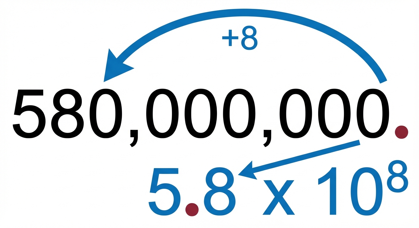 A diagram showing the decimal point hopping 8 places to the left on the number 580,000,000, with an arrow labeled '+8'.