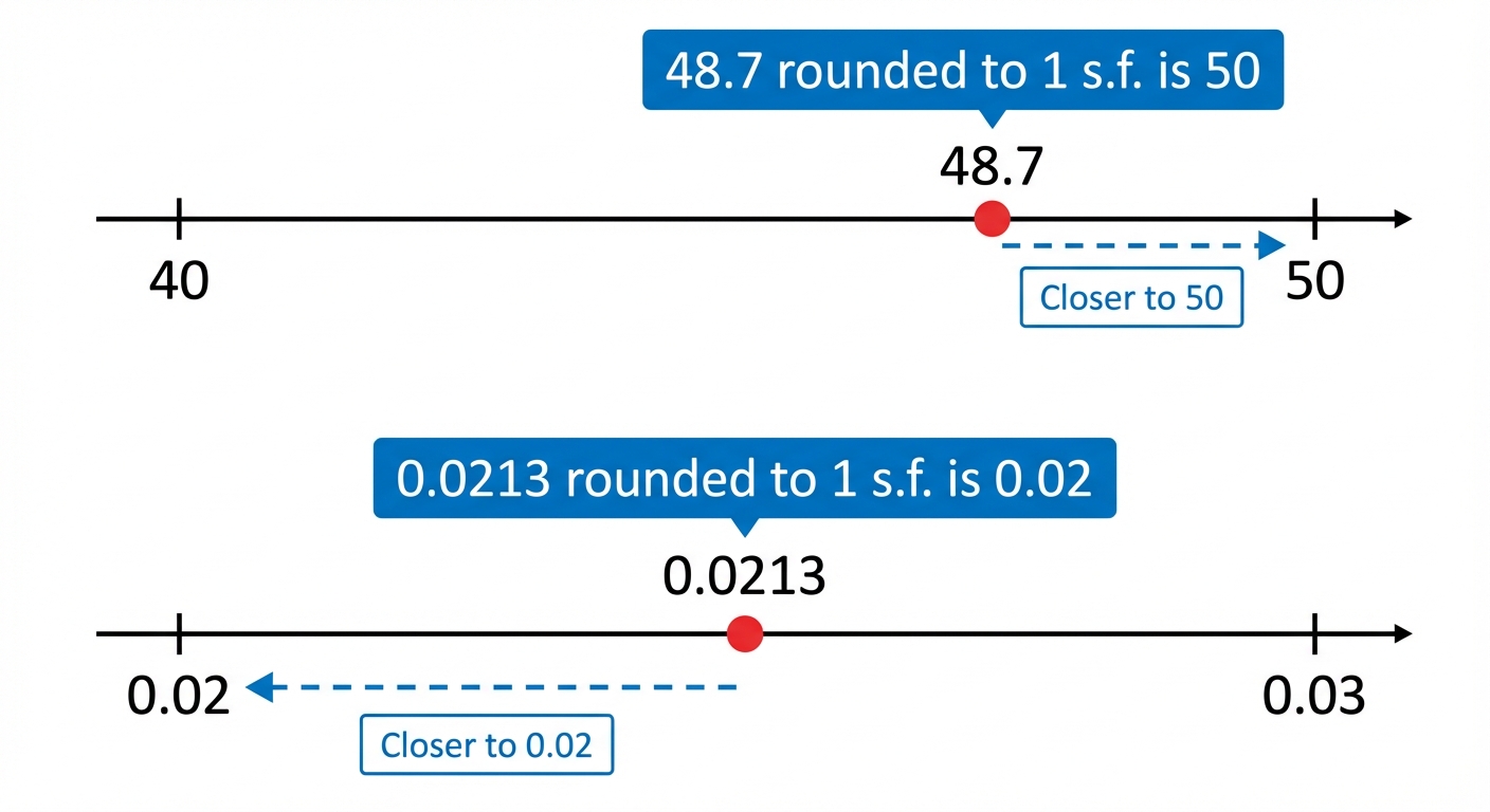 A visual diagram showing the number 48.7 on a number line, clearly closer to 50 than 40, and the number 0.0213 on a zoomed-in number line, closer to 0.02 than 0.03, to illustrate rounding to 1 significant figure.