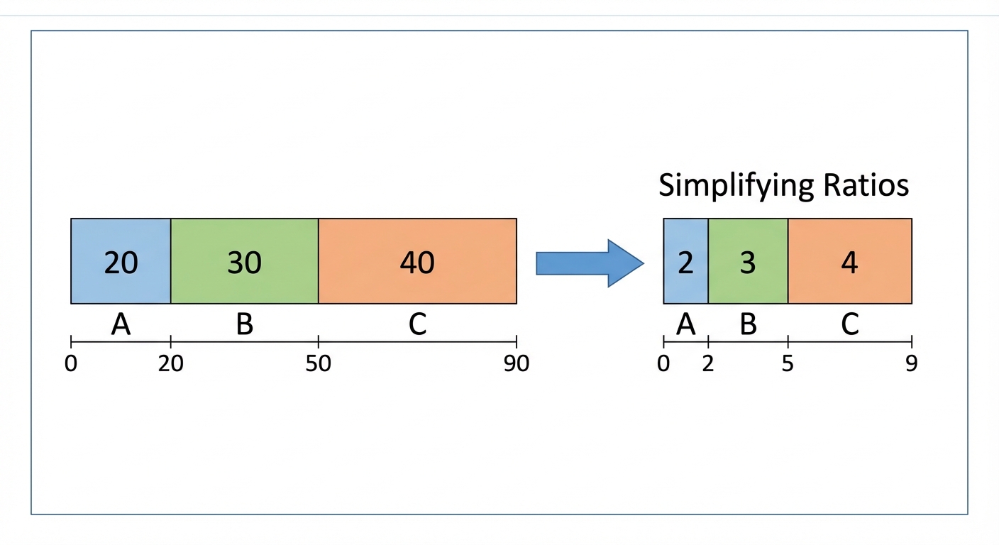 A three-part bar chart. The first bar shows sections of 20, 30, and 40. An arrow points to a second, smaller bar chart showing proportional sections of 2, 3, and 4, with the title 'Simplifying Ratios'.