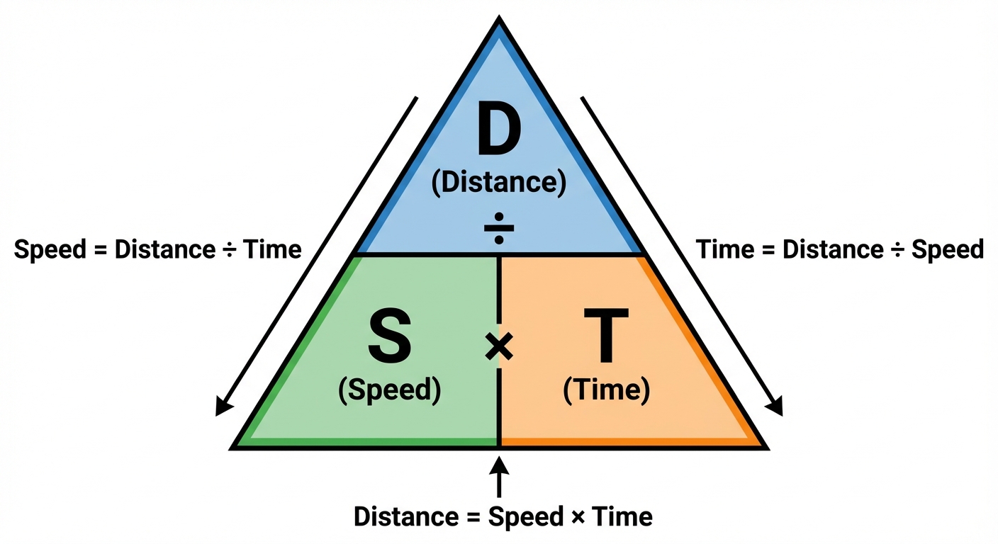 A diagram of the Speed, Distance, Time formula triangle, showing D at the top, and S and T at the bottom.