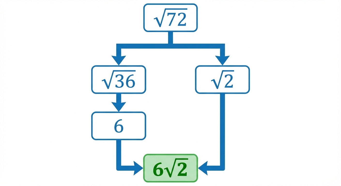 A flowchart showing the simplification of root 72. It branches into root 36 and root 2. The root 36 is simplified to 6, and the final answer is shown as 6 root 2.