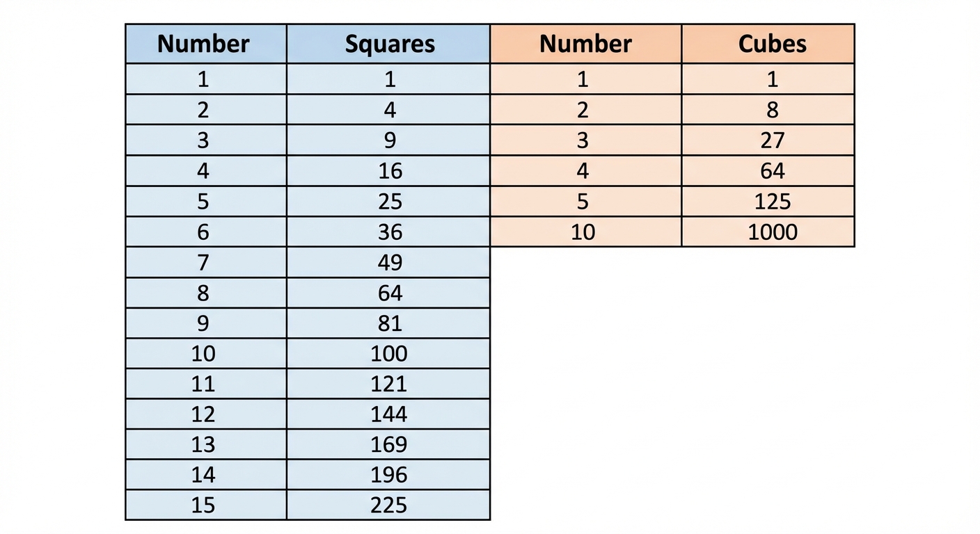 A colourful, grid-style chart showing two columns. The first column lists numbers from 1 to 15 and their squares (e.g., 'Number: 13, Square: 169'). The second column lists the numbers 1, 2, 3, 4, 5, 10 and their corresponding cubes (e.g., 'Number: 5, Cube: 125').