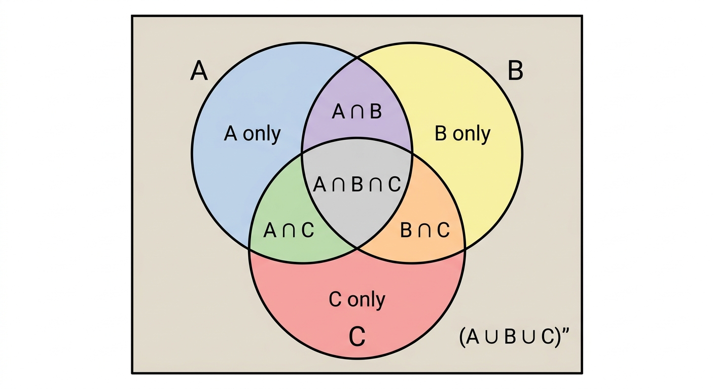 A three-circle Venn diagram showing the regions for A, B, C, the intersections A ∩ B, B ∩ C, A ∩ C, the central intersection A ∩ B ∩ C, and the area outside the circles representing the complement (A ∪ B ∪ C)'.