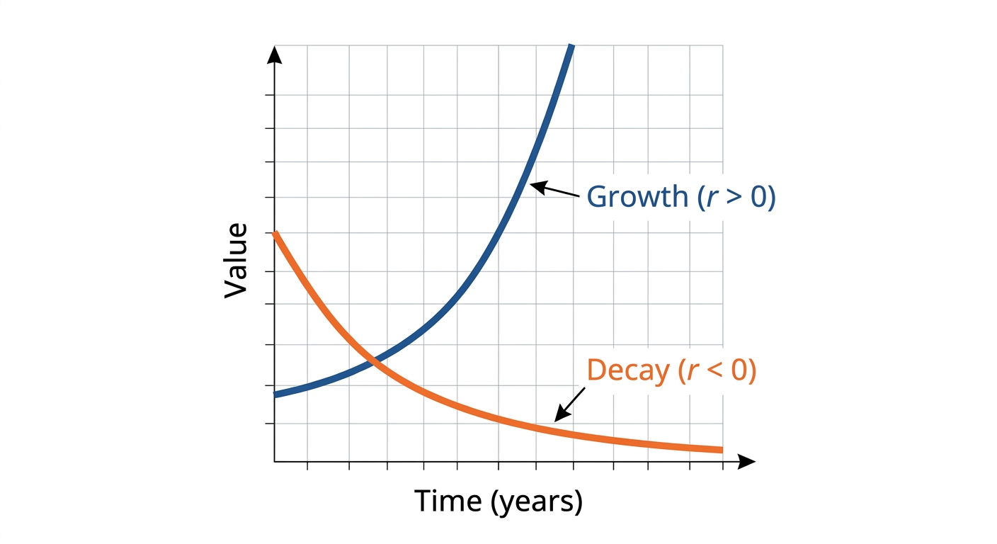 A single set of axes with two curves — a blue upward growth curve labelled 'Growth (r > 0)' climbing steeply, and an orange downward decay curve labelled 'Decay (r < 0)' flattening towards the x-axis. X-axis: 'Time (years)', Y-axis: 'Value'.