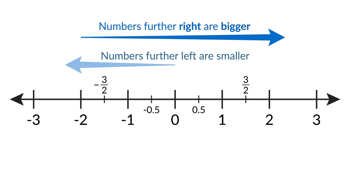 A horizontal number line from $-3$ to $3$ with fractions, decimals and integer tick-marks. Example: $-2, -\tfrac{3}{2}, -1, -0.5, 0, 0.5, 1, \tfrac{3}{2}, 2$. Caption: 'Numbers further right are bigger.'