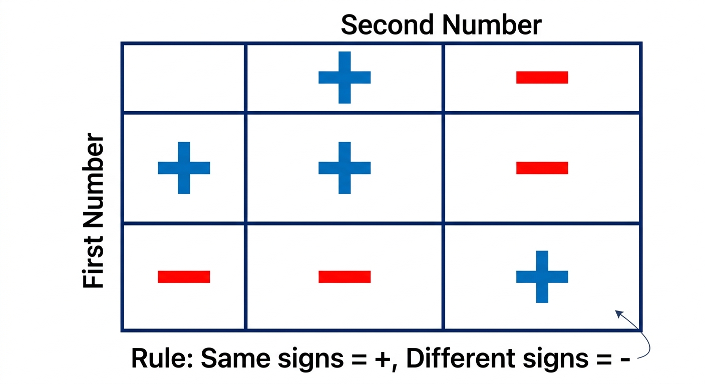 A simple $2 \times 2$ sign-rule grid: rows labelled $+$ and $-$ (first number), columns labelled $+$ and $-$ (second number), cells filled with $+, -, -, +$ for multiplication/division. Title 'Sign rules'.