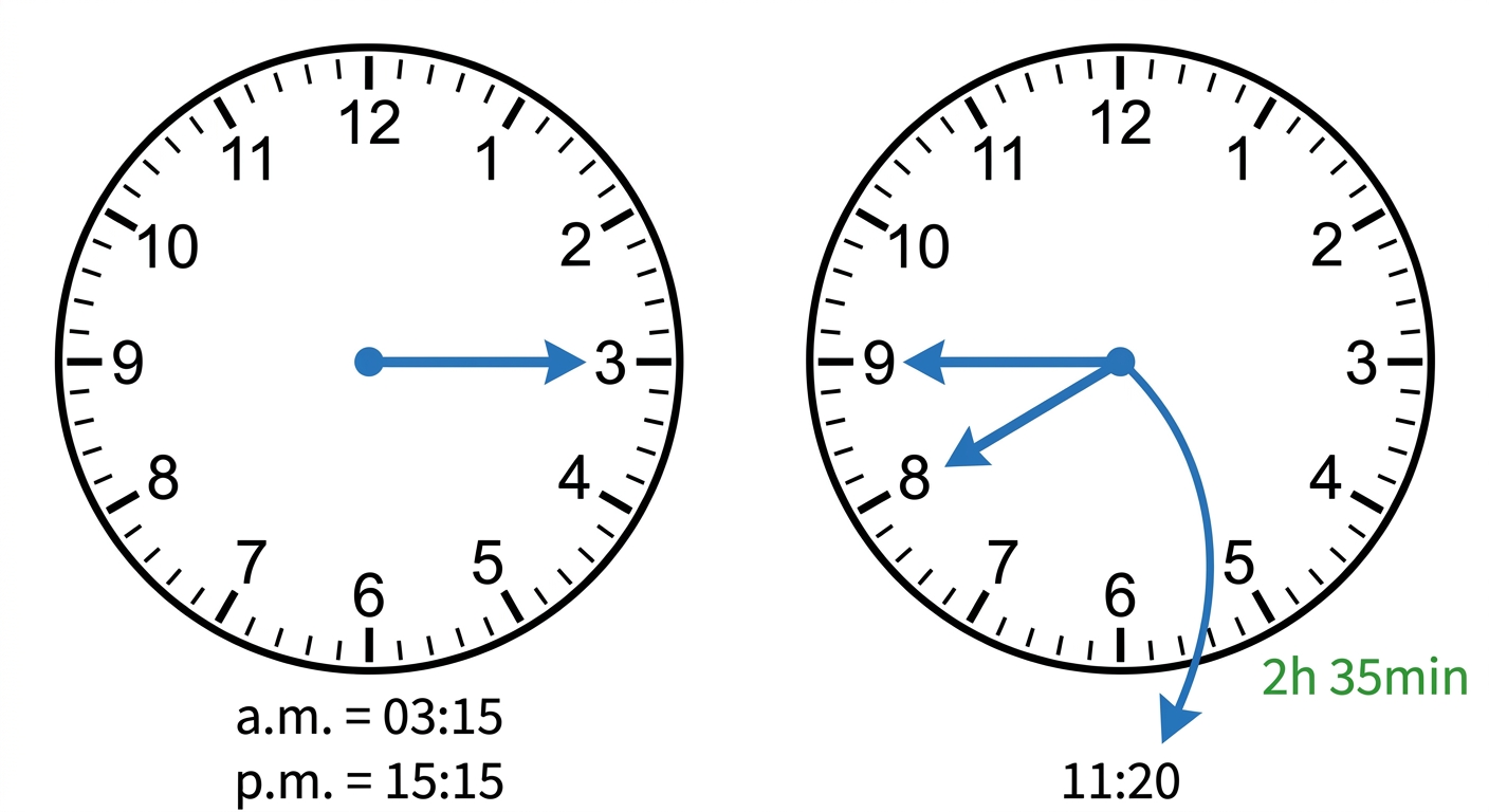 Two clock faces side-by-side: a 12-hour analogue clock showing 3:15 with 'a.m. = 03:15, p.m. = 15:15' labelled underneath, and a second showing 8:45 with a downward arrow to 11:20 and the calculation '2h 35min' annotated.