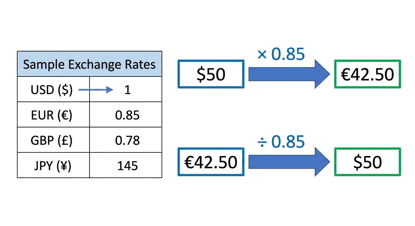 A small table titled 'Sample Exchange Rates': rows 'USD, EUR, GBP, JPY' with values per $\$1$: €0.85, £0.78, ¥145. Beside it two arrow diagrams: '$\$50 \rightarrow \times 0.85 \rightarrow \text{€}42.50$' and '€42.50 → ÷ 0.85 → $50$'.