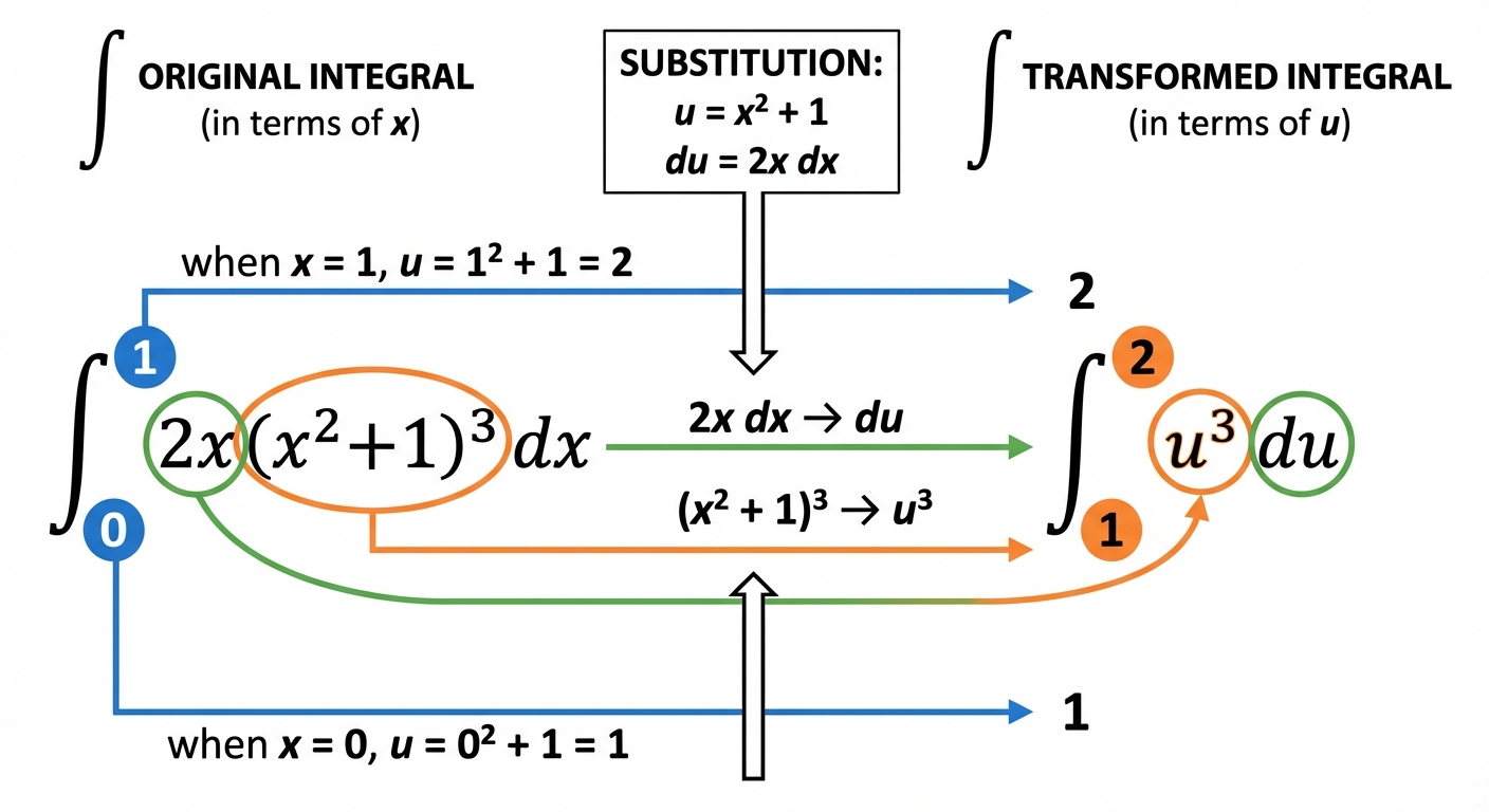 A side-by-side comparison. Left side shows the integral . Right side shows the transformed integral , with arrows indicating how the x-limits 0 and 1 are converted to the u-limits 1 and 2 using the substitution .