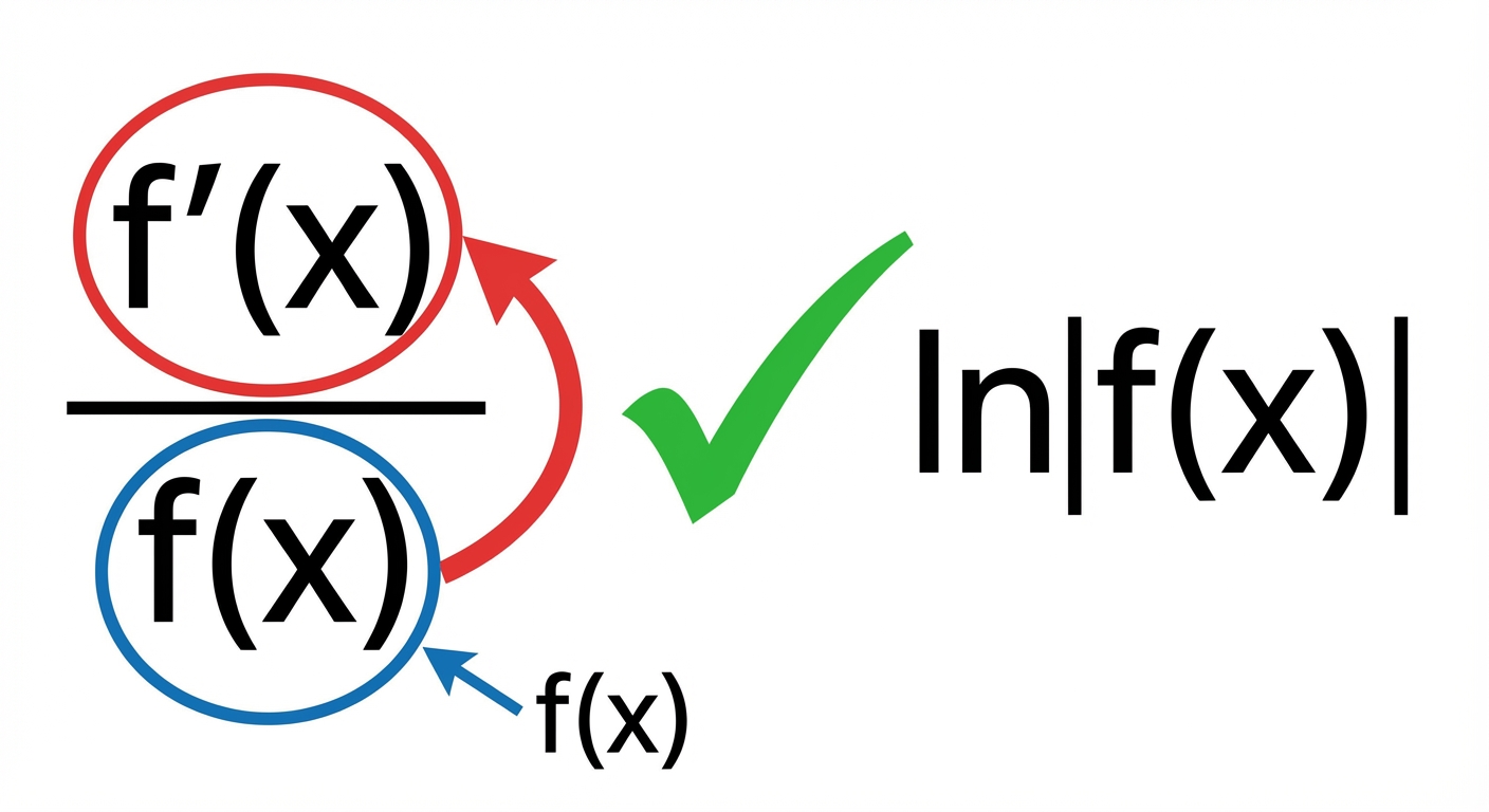 A diagram showing a fraction. The denominator is circled and labeled 'f(x)'. An arrow points from the denominator to the numerator, which is circled and labeled 'f'(x)'. A large green checkmark is next to it, with the result 'ln|f(x)|' shown.