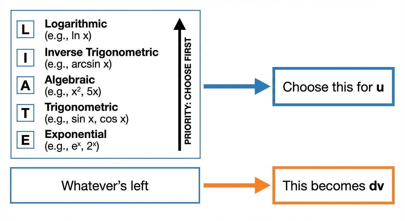 A visual diagram showing the LIATE acronym as a vertical checklist. An arrow points from the list to a box labelled 'Choose this for u'. Another arrow points from 'Whatever's left' to a box labelled 'This becomes dv'.