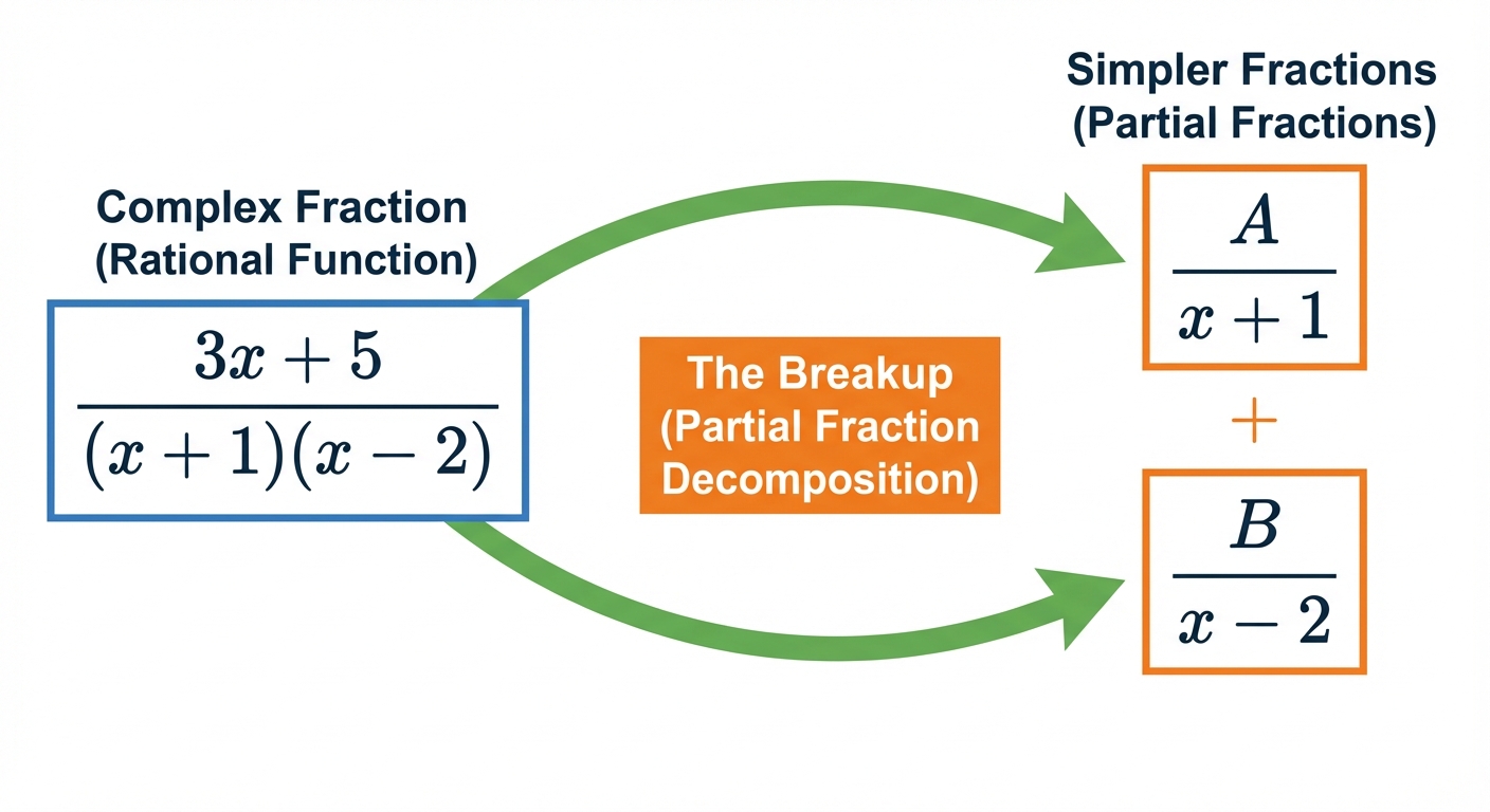 A diagram showing a large, complex fraction on the left, with arrows pointing to two smaller, simpler fractions on the right, labeled 'The Breakup'