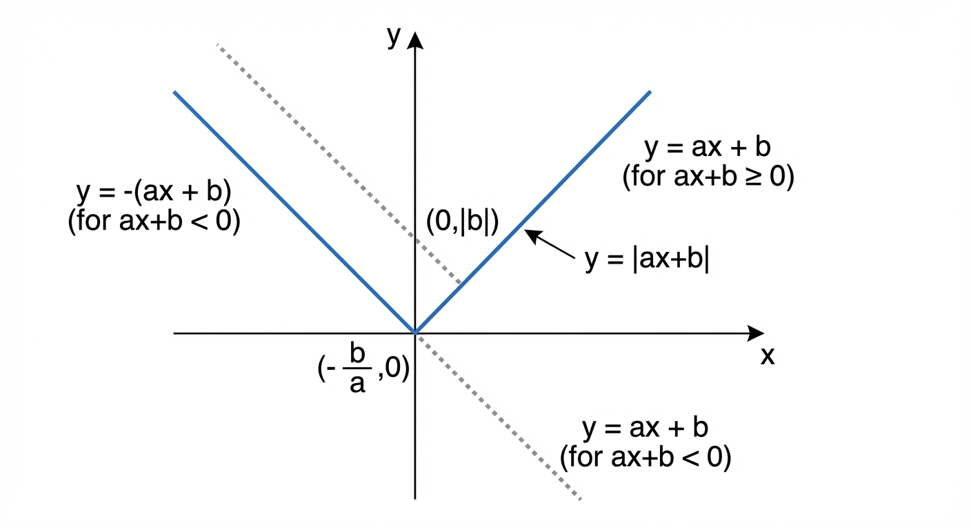 A graph showing the line y=ax+b, with the portion below the x-axis shown as a dotted line, and the reflected portion (y=-(ax+b)) shown as a solid line, forming the characteristic V-shape of y=|ax+b|.