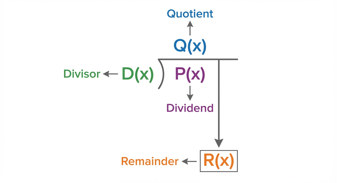 A diagram showing the polynomial long division layout, with the dividend P(x) inside the bracket, the divisor D(x) to the left, the quotient Q(x) written on top, and the remainder R(x) at the very bottom.