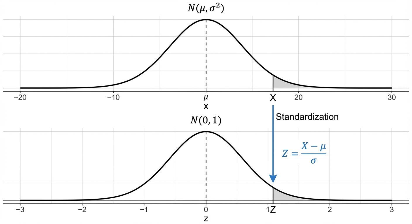 A diagram showing two bell curves. The top curve is a general N(μ, σ²) with a value X marked. An arrow points down to the bottom curve, which is the standard normal N(0,1), showing how X is mapped to its corresponding Z-score.