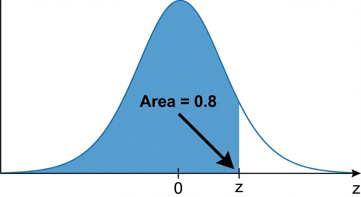 A diagram showing a standard normal curve. An area, say 0.8, is shaded to the left of a point 'z'. An arrow points from the '0.8' area value to the 'z' on the horizontal axis, illustrating the 'reverse lookup' process.