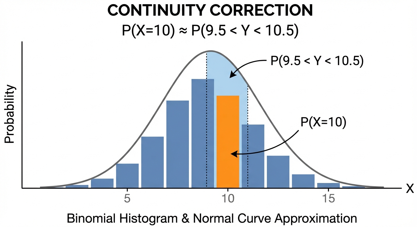 A diagram showing a binomial probability histogram with a smooth normal curve drawn over it. The bar for the value X=10 is highlighted, and the area under the normal curve from Y=9.5 to Y=10.5 is shaded to illustrate the continuity correction for P(X=10).