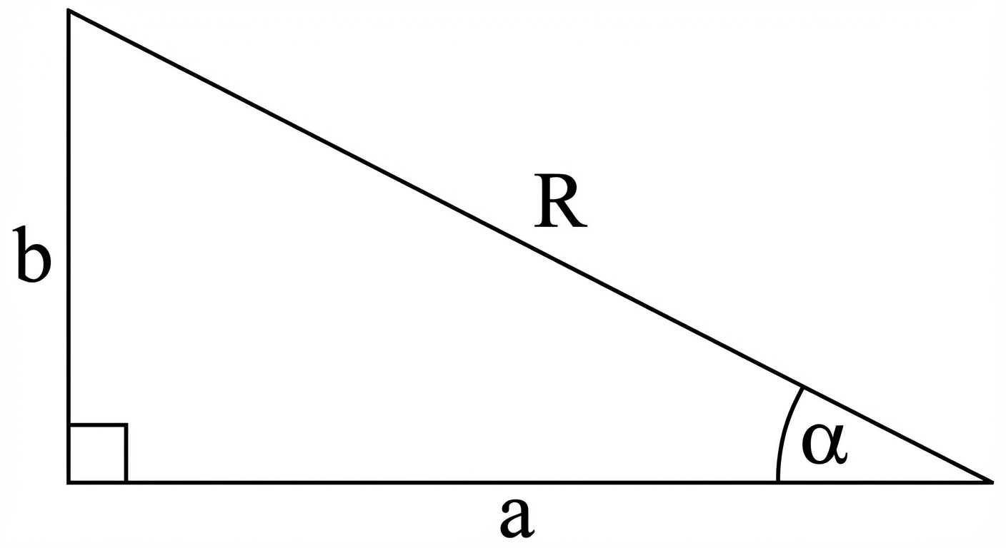 A right-angled triangle showing the relationship between a, b, and R. The adjacent side is labelled 'a', the opposite side is 'b', the hypotenuse is 'R', and the angle between the adjacent and hypotenuse is 'α'.