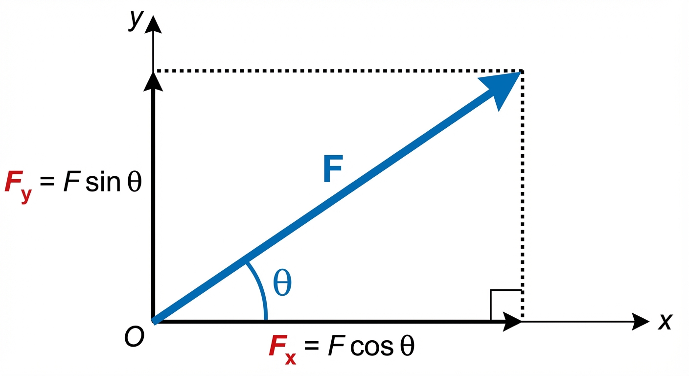 A diagram showing a force vector F at an angle theta to the horizontal. Dotted lines drop down to the x-axis and across to the y-axis, forming a right-angled triangle with F as the hypotenuse. The horizontal component, Fx, is the adjacent side, and the vertical component, Fy, is the opposite side.