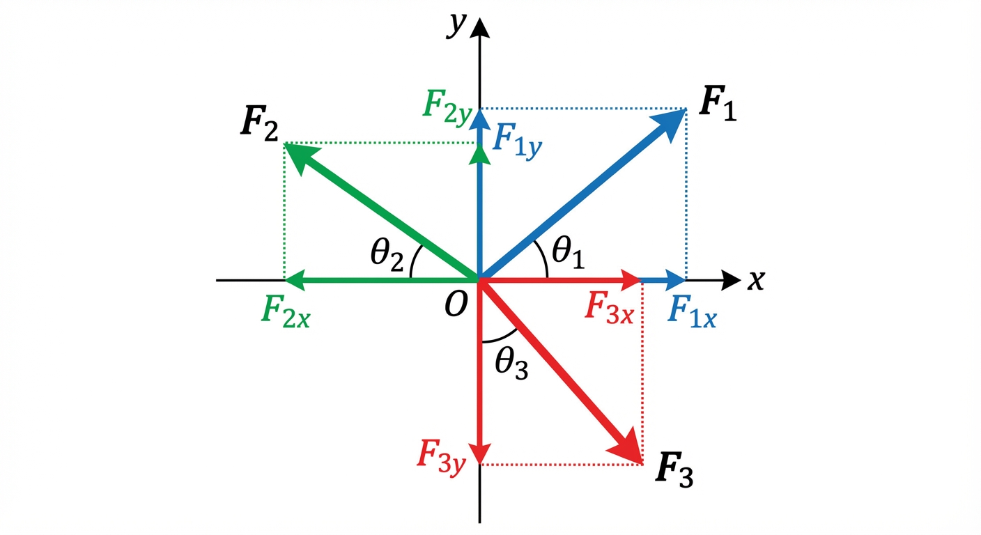 A force diagram showing a particle at the origin with three forces F1, F2, and F3 pulling outwards at different angles. Arrows next to the axes show how each force is resolved into its horizontal (x) and vertical (y) components.