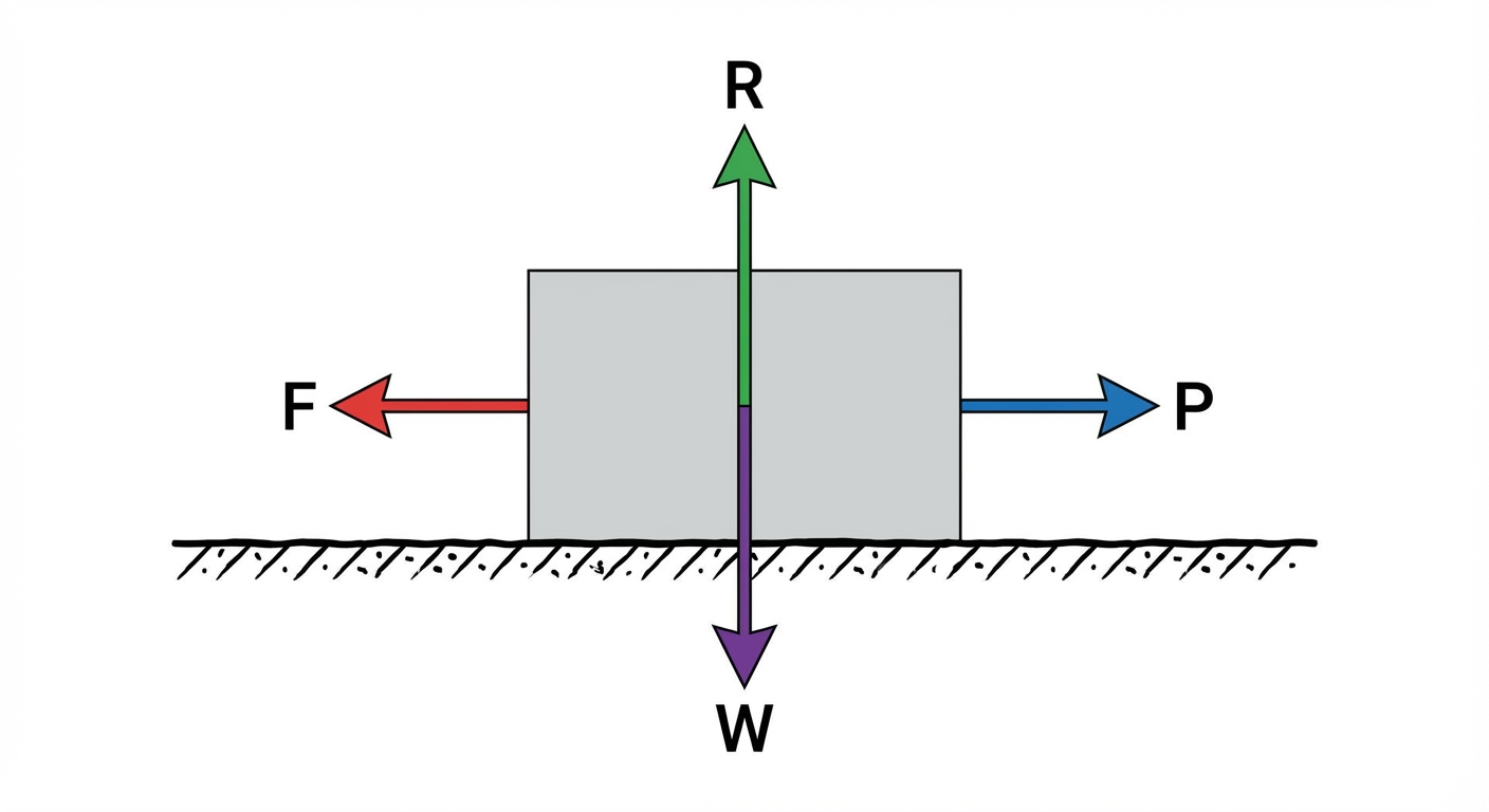 A free-body diagram of a block on a rough horizontal surface. Label the weight (W) acting down, the normal reaction (R) acting up, a pulling force (P) acting right, and the friction force (F) acting left.