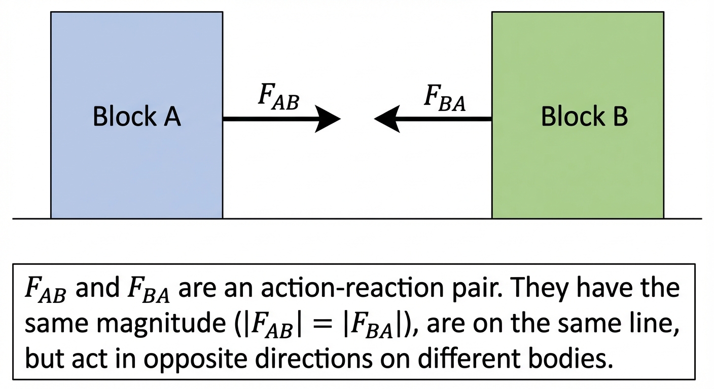 A clear diagram showing two blocks, A and B, in contact. Arrow from A pushing B is labelled . Arrow from B pushing A is labelled . Text box explains: ' and are an action-reaction pair. They have the same magnitude (), are on the same line, but act in opposite directions on different bodies.'