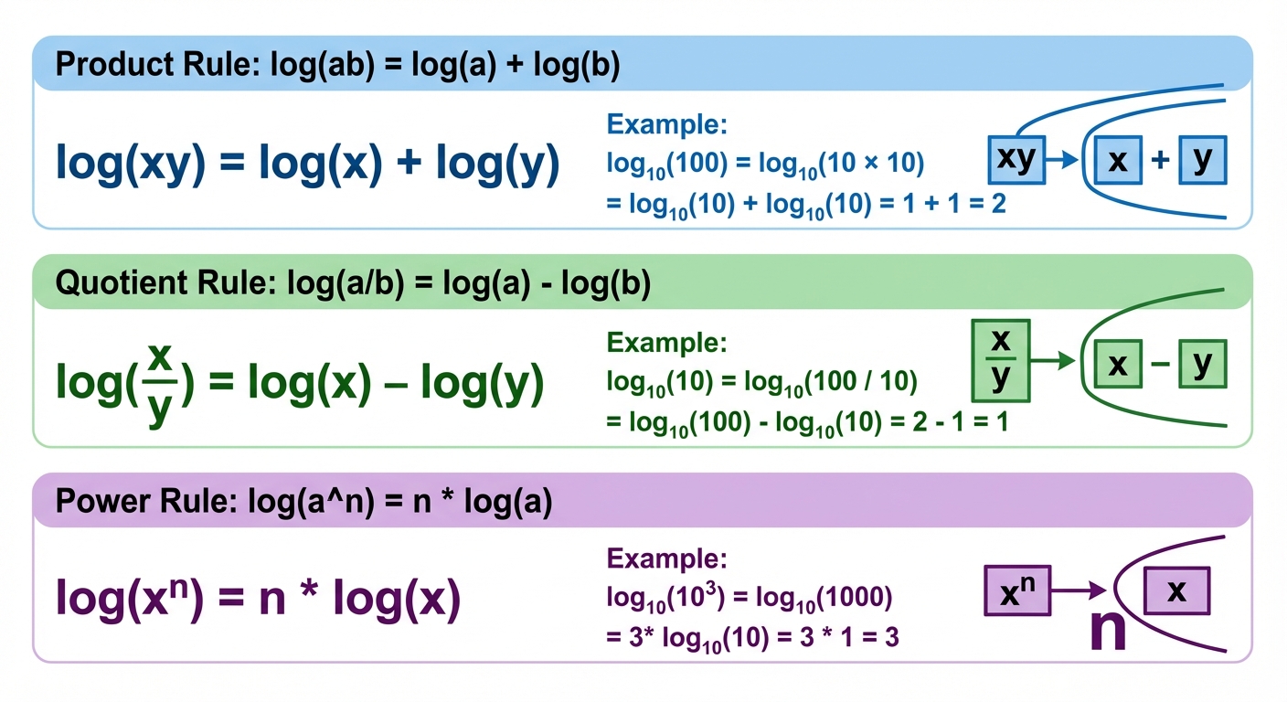 A clean, colourful graphic summarizing the three laws of logarithms. Product Rule: log(ab) = log(a)+log(b). Quotient Rule: log(a/b) = log(a)-log(b). Power Rule: log(a^n) = n*log(a). Each rule has a simple numerical example.