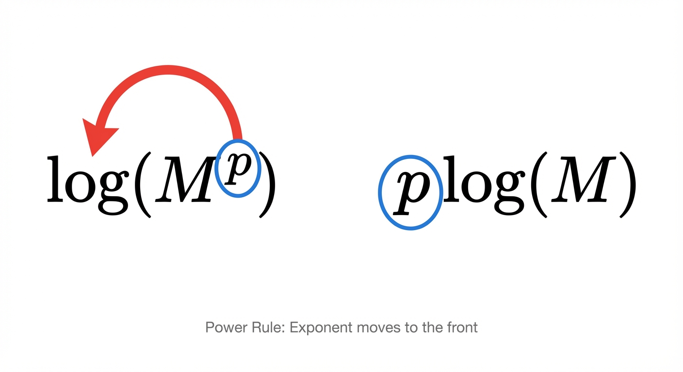 A diagram showing the exponent 'p' in log(M^p) moving down in front of the log to become p log(M), with arrows indicating the movement.