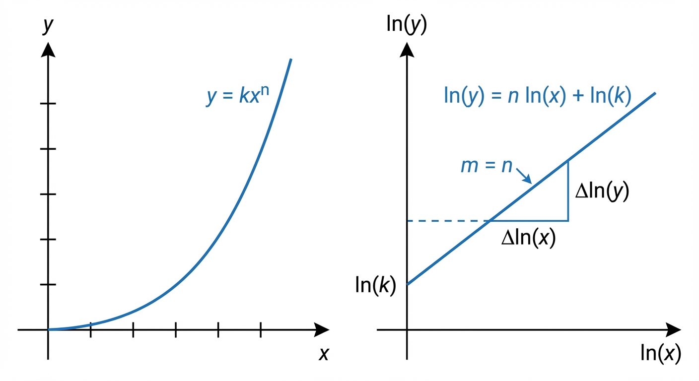 A side-by-side diagram. The left graph shows a curve for y=kxⁿ on standard x-y axes. The right graph shows a straight line on axes labelled ln(x) and ln(y), with the gradient 'n' and y-intercept 'ln(k)' clearly indicated.