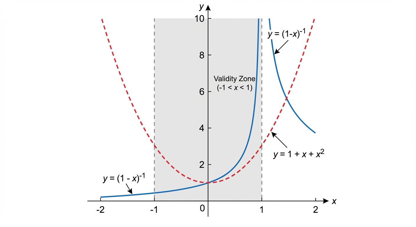 A graph comparing the curve of y=(1-x)^-1 with its binomial expansion y=1+x+x^2. The two curves are almost identical between x=-1 and x=1 but diverge wildly outside this 'validity' zone.