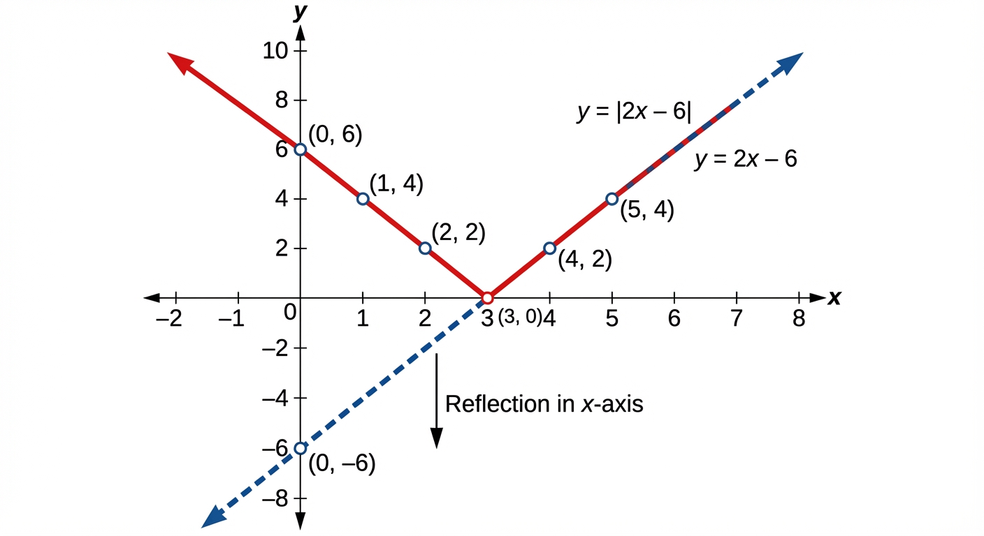 A graph showing the line y=2x-6 being drawn, with the section below the x-axis (from x=3 downwards) being reflected in the x-axis to create the final V-shaped graph of y=|2x-6|.