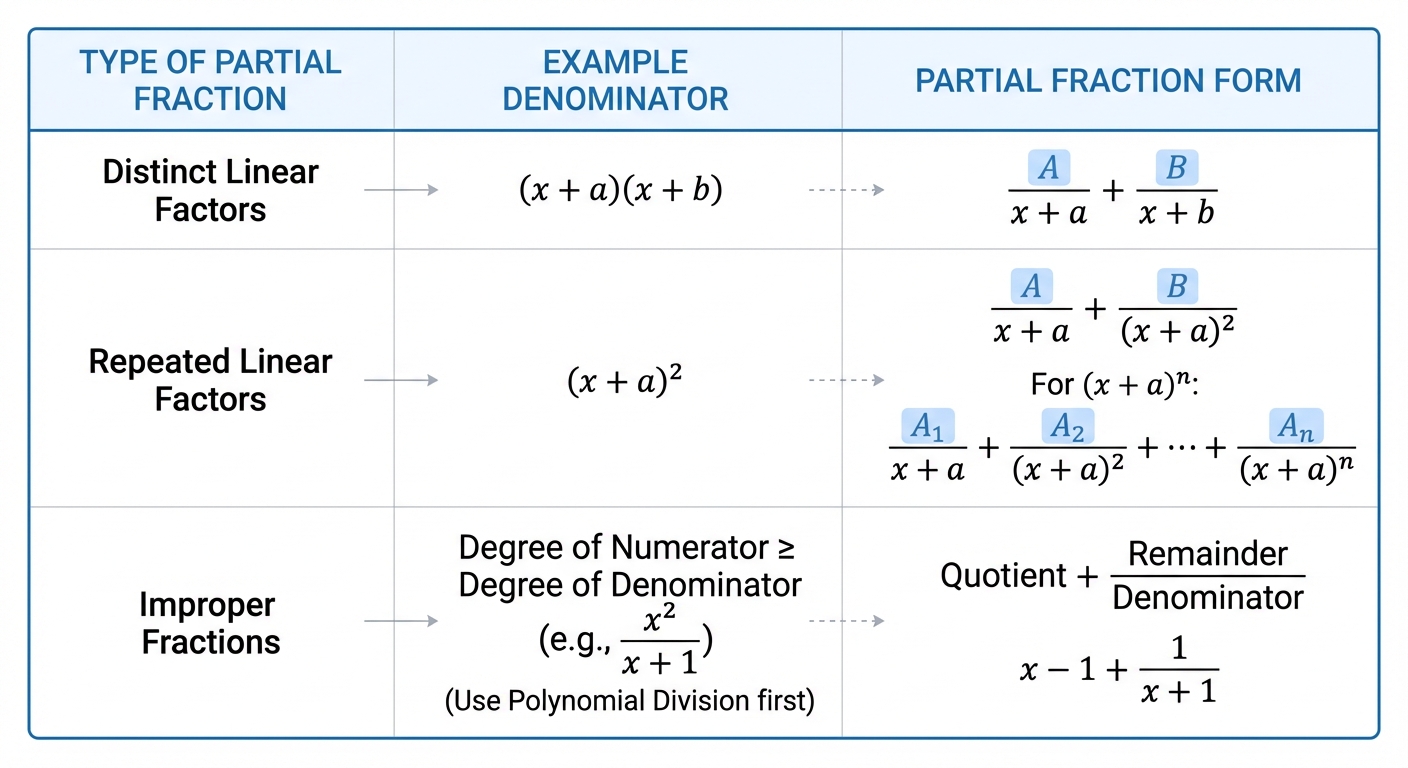 A summary table showing the three types of partial fractions: Distinct Linear Factors, Repeated Linear Factors, and Improper Fractions, with example denominators and their partial fraction forms.