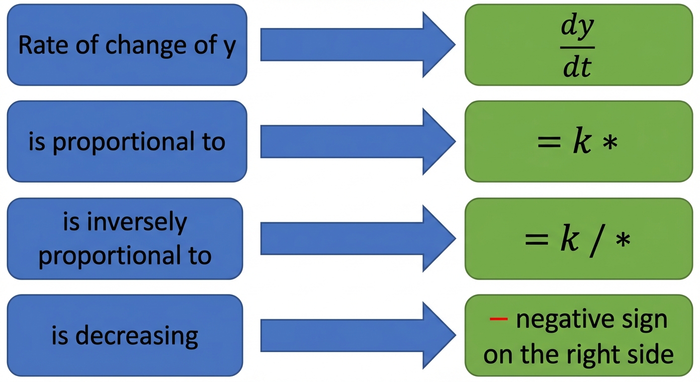 A flowchart graphic showing English phrases being translated into mathematical symbols. 'Rate of change of y' -> dy/dt. 'is proportional to' -> = k *. 'is inversely proportional to' -> = k / *. 'is decreasing' -> a negative sign on the right side.