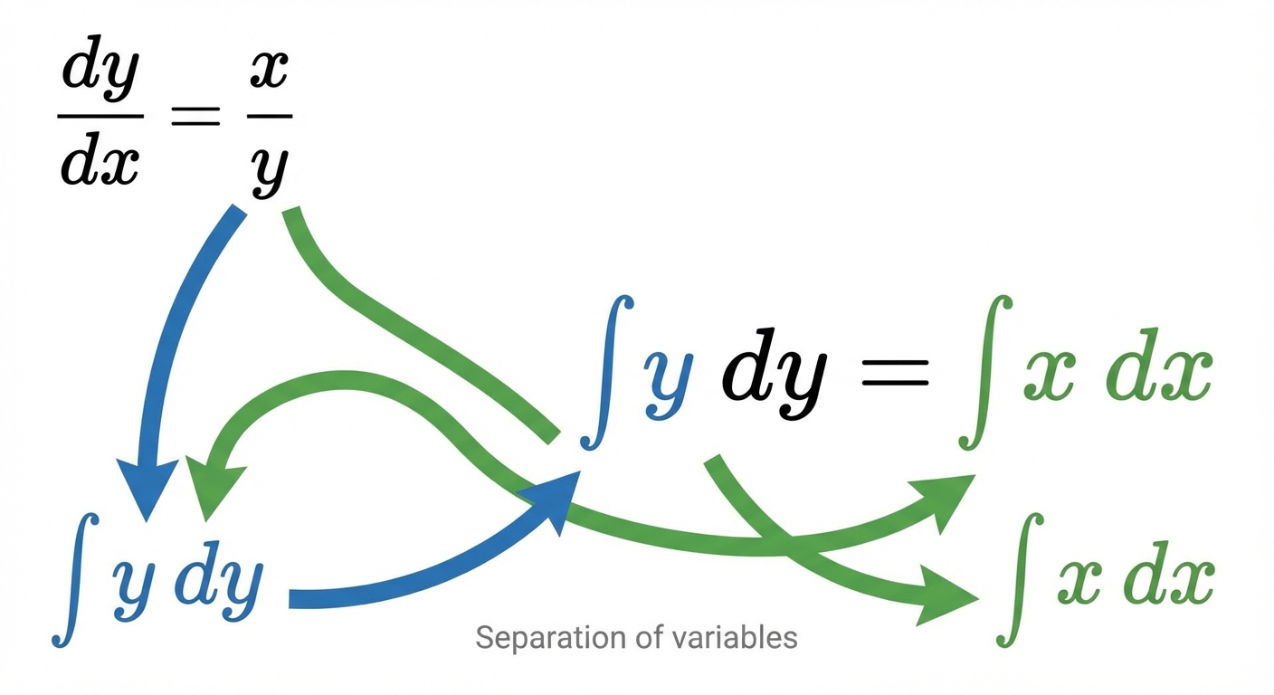 A visual diagram showing a differential equation like dy/dx = x/y. Arrows clearly show the 'y' moving to the left to join 'dy' and the 'dx' moving to the right to join 'x', resulting in y dy = x dx.