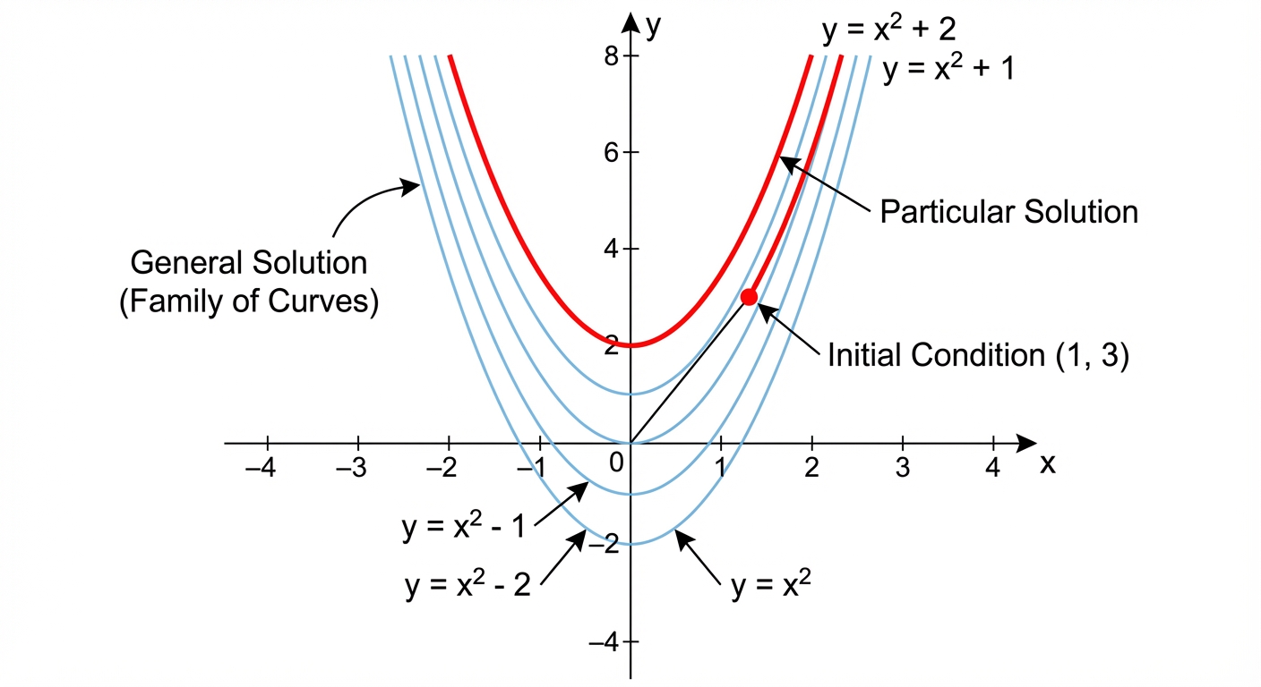 A graph showing several parallel curves, like y = x^2 + 1, y = x^2, y = x^2 - 1, representing a family of solutions. One point, say (1, 3), is marked on the y = x^2 + 2 curve, highlighting it as the particular solution.