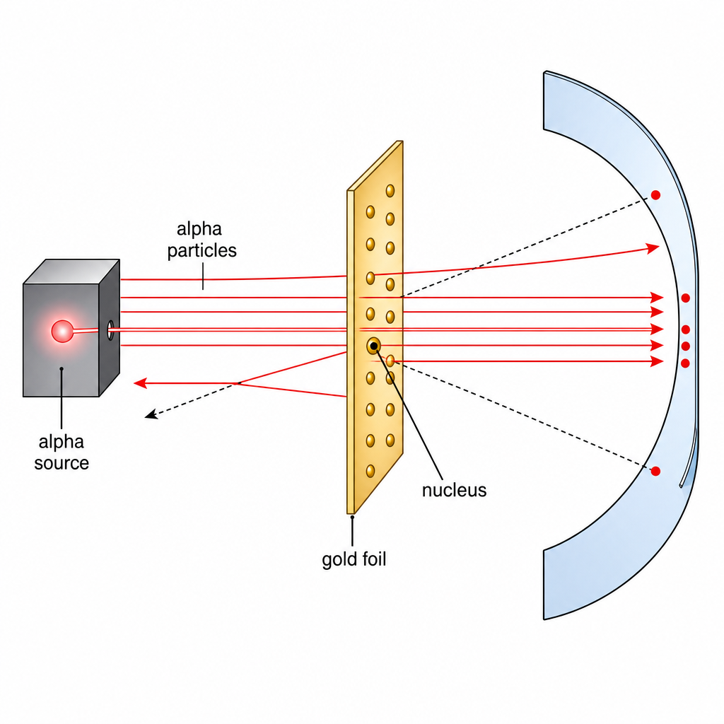 Alpha-scattering schematic. A beam of alpha particles travels from the left toward a thin vertical gold-foil strip. Most arrows pass straight through; one is deflected through a small angle; one strikes near a small dense central dot (labelled "nucleus") and bounces almost straight back. Curved detector screen behind shows scattered hits. Clean black-on-white technical diagram with labels "alpha source", "gold foil", "nucleus".