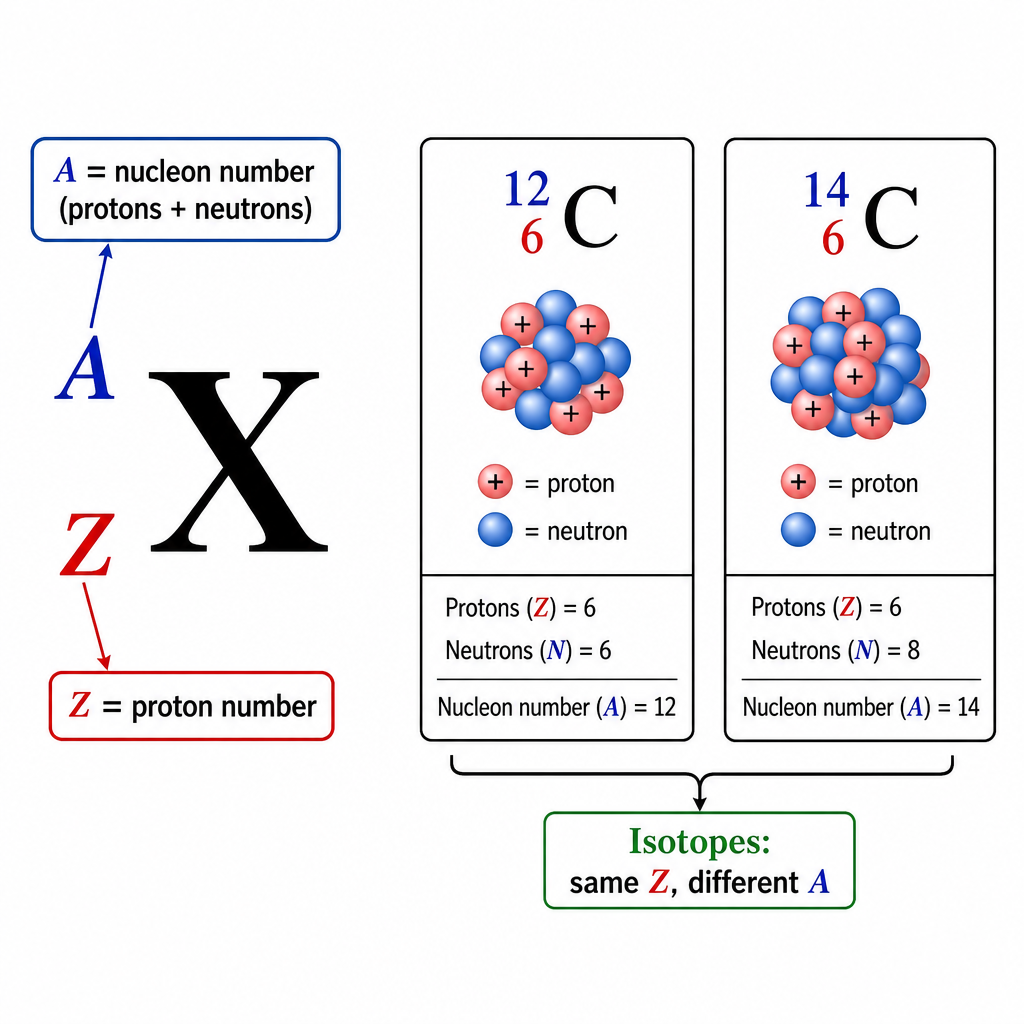 Nuclide-notation board. A large symbol $^{A}_{Z}X$ on the left with arrows labelling "A = nucleon number (protons + neutrons)" to the top-left superscript and "Z = proton number" to the bottom-left subscript. On the right, two boxes for carbon-12 ($^{12}_{6}\text{C}$) and carbon-14 ($^{14}_{6}\text{C}$) showing 6 protons each but 6 vs 8 neutrons, labelled "isotopes: same Z, different A". Clean technical diagram, black on white.