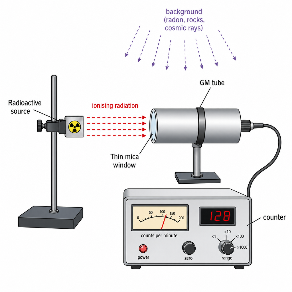A GM tube connected to a counter/ratemeter box, with a small radioactive source on a stand pointing at the tube's window. Dashed arrows labelled "ionising radiation" travel from source to tube. A separate faint cluster of arrows from above labelled "background (radon, rocks, cosmic rays)". Labels "GM tube", "counter". Clean technical apparatus diagram.