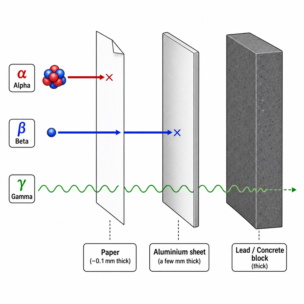 Three-row penetration panel. Row 1 "Alpha": arrow stopped by a sheet of paper. Row 2 "Beta": arrow passes paper, stopped by a few mm aluminium sheet. Row 3 "Gamma": arrow passes paper and aluminium, mostly stopped by a thick lead/concrete block (some passing through, attenuated). Each absorber labelled. Clean technical comparison diagram, black on white.