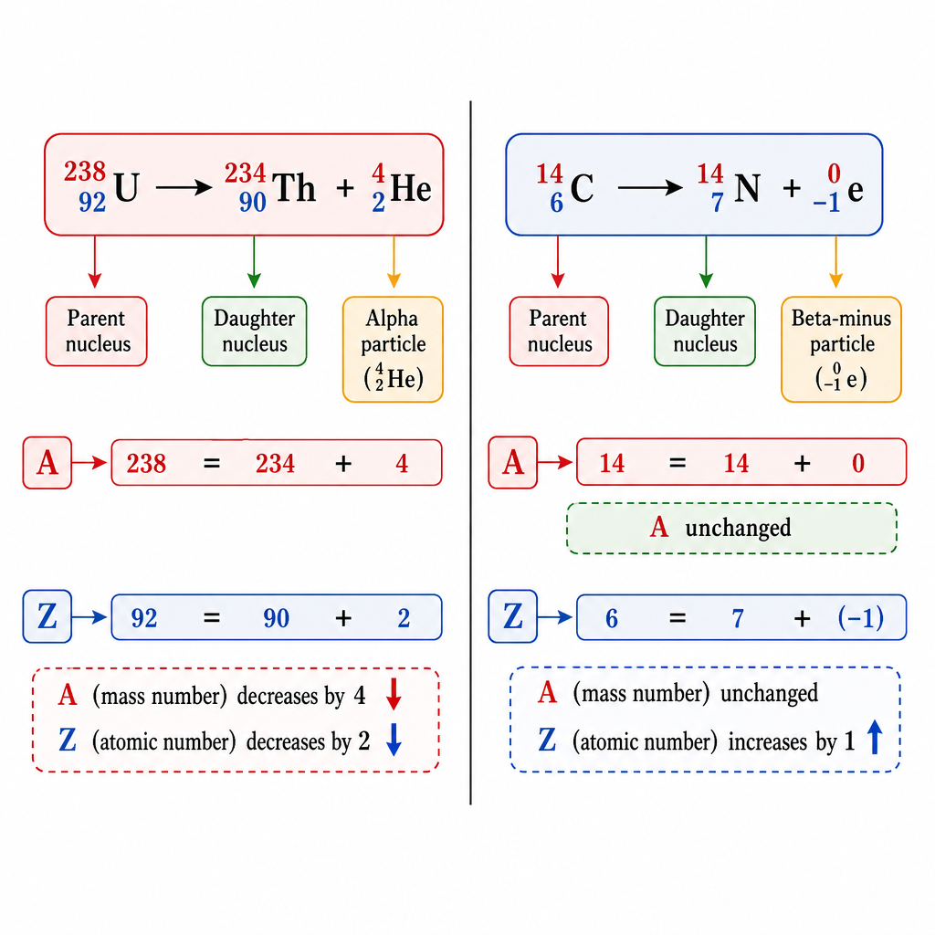 Side-by-side decay-equation diagram. Left: alpha decay $^{238}_{92}\text{U} \rightarrow\ ^{234}_{90}\text{Th} +\ ^{4}_{2}\text{He}$ with arrows showing "A: 238 = 234 + 4" and "Z: 92 = 90 + 2". Right: beta-minus decay $^{14}_{6}\text{C} \rightarrow\ ^{14}_{7}\text{N} +\ ^{\ \ 0}_{-1}\text{e}$ with arrows showing "A unchanged", "Z: 6 = 7 + (-1)". Clean technical equation diagram.