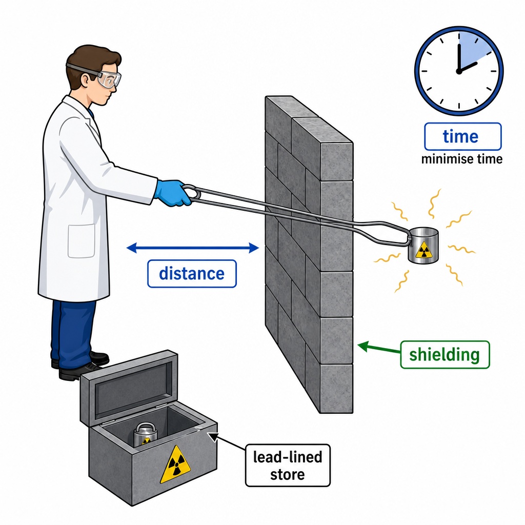 A lab technician handling a radioactive source safely. The source is held with long tongs (distance), a lead-brick wall sits between technician and source (shielding), and a clock icon labelled "minimise time" sits in the corner. The source's storage is a lead-lined box labelled "lead-lined store". Clean educational illustration with labels "time", "distance", "shielding".