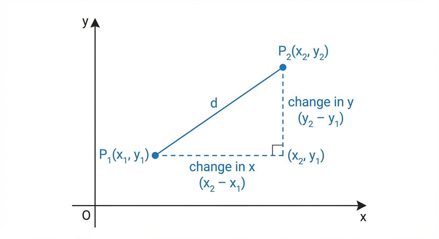 A graph showing two points, with a right-angled triangle drawn between them. The horizontal side is labelled 'change in x' () and the vertical side is 'change in y' (). The line segment between the points is the hypotenuse, labelled 'd'.