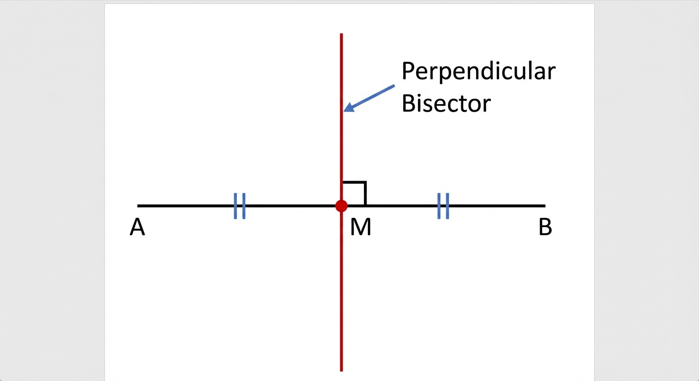 A line segment AB with its midpoint M marked. A second line is drawn passing through M at a 90-degree angle to AB, labelled 'Perpendicular Bisector'. The 90-degree angle is marked with a square symbol.