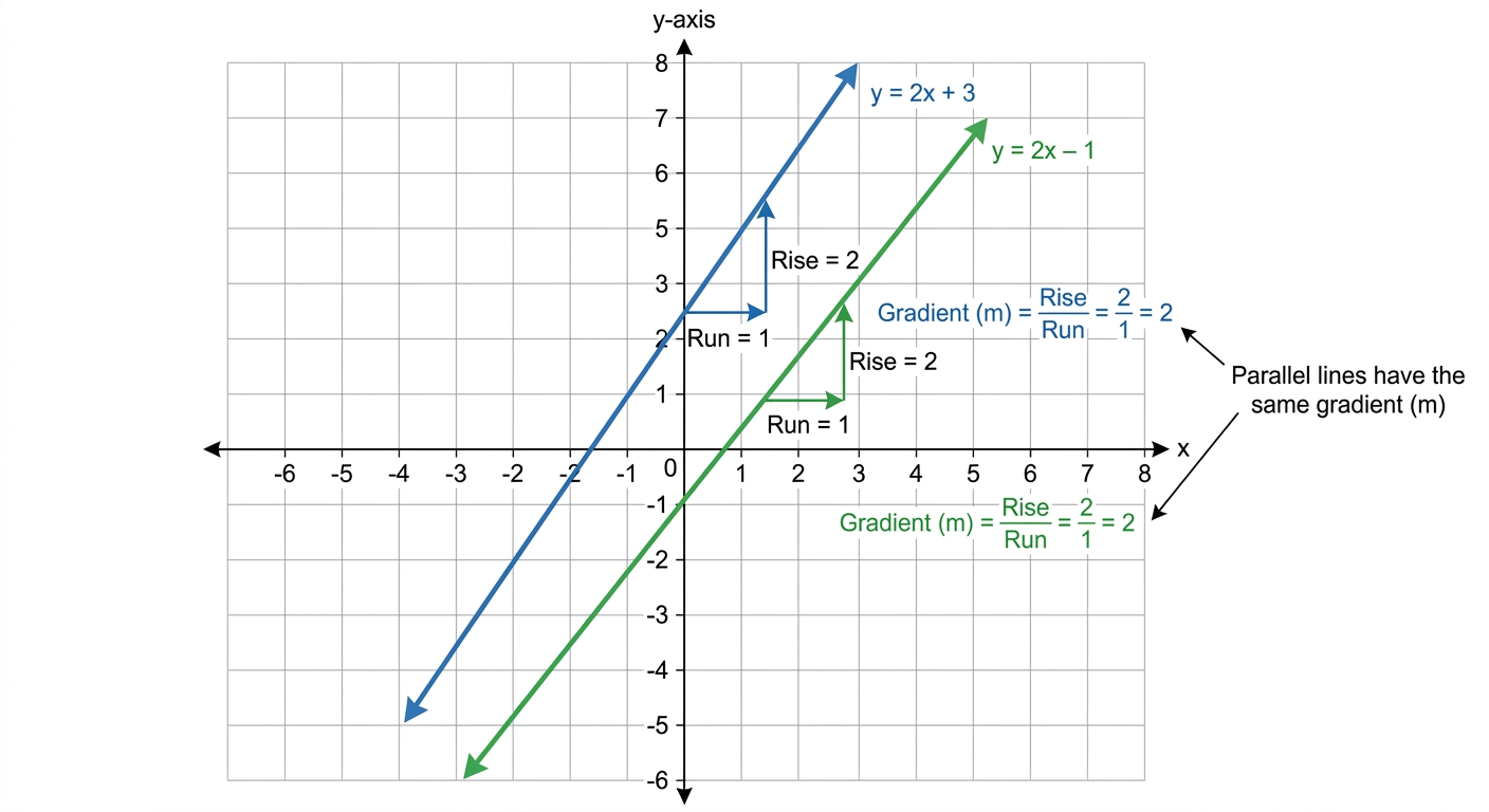 Diagram showing two parallel lines on a grid, like y=2x+3 and y=2x-1, highlighting their identical 'rise over run'.