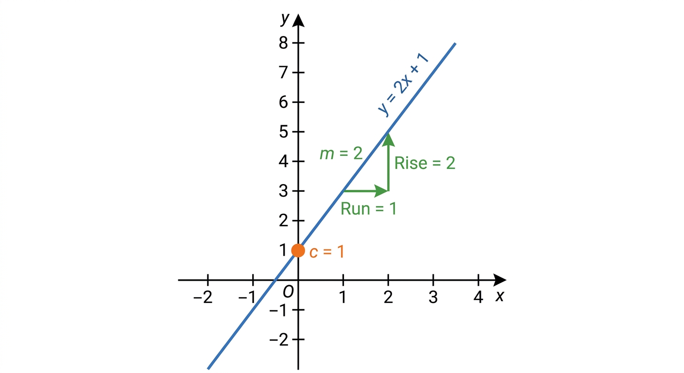 A graph of a straight line, y = 2x + 1, with the y-intercept at (0,1) circled and labelled 'c = 1'. The gradient 'm = 2' is shown with a 'rise over run' triangle, indicating a rise of 2 for every 1 unit run to the right.