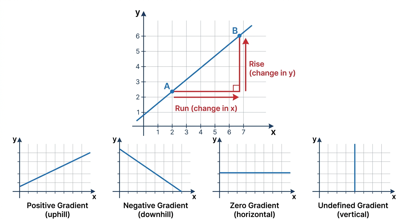 A diagram showing a right-angled triangle on a line graph, labelling the vertical side 'Rise (change in y)' and the horizontal side 'Run (change in x)'. Four mini-graphs show a positive gradient line going uphill, a negative gradient line going downhill, a zero gradient horizontal line, and an undefined vertical line.