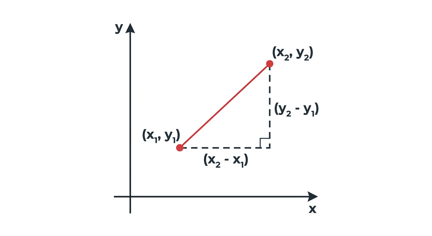 A diagram showing two points (x1, y1) and (x2, y2) on a Cartesian plane, connected by a line segment. A right-angled triangle is drawn using this line as the hypotenuse, with horizontal and vertical sides labelled with lengths (x2 - x1) and (y2 - y1) respectively.