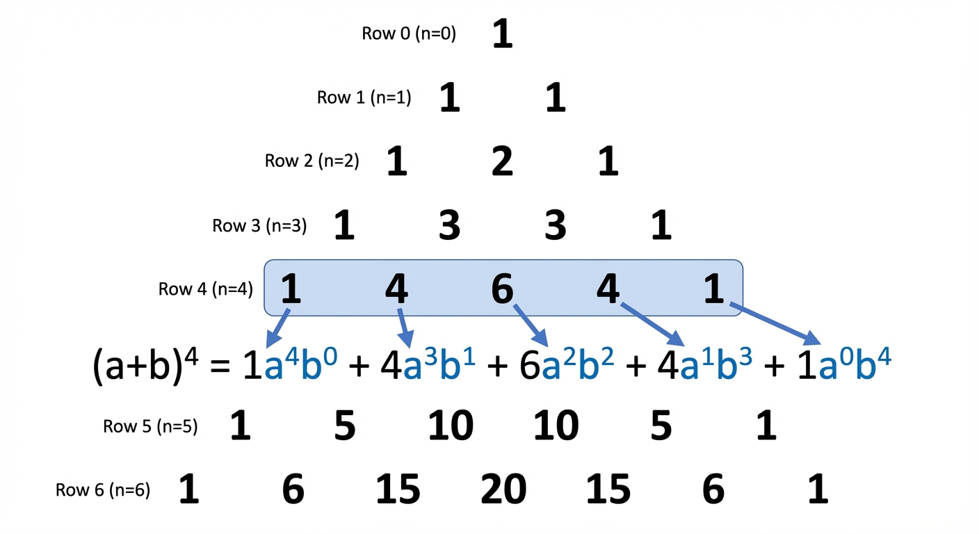 A diagram showing the first 6 rows of Pascal's Triangle, highlighting how the 4th row (1, 4, 6, 4, 1) corresponds to the coefficients of (a+b)ā“.