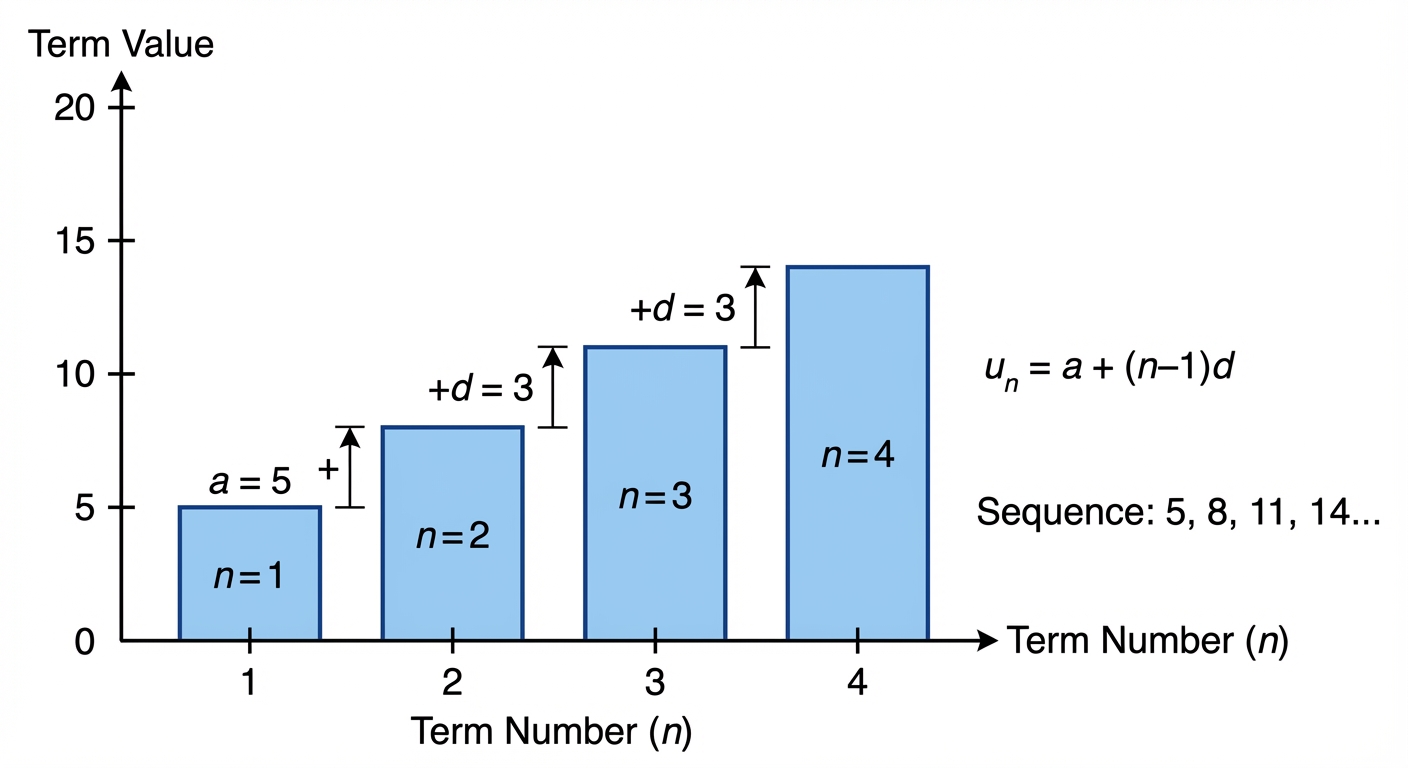 A bar chart showing the terms of an arithmetic progression, like 5, 8, 11, 14... Each bar increases by a constant height of 3. The first term 'a=5' and the common difference 'd=3' are clearly labeled between the bars.