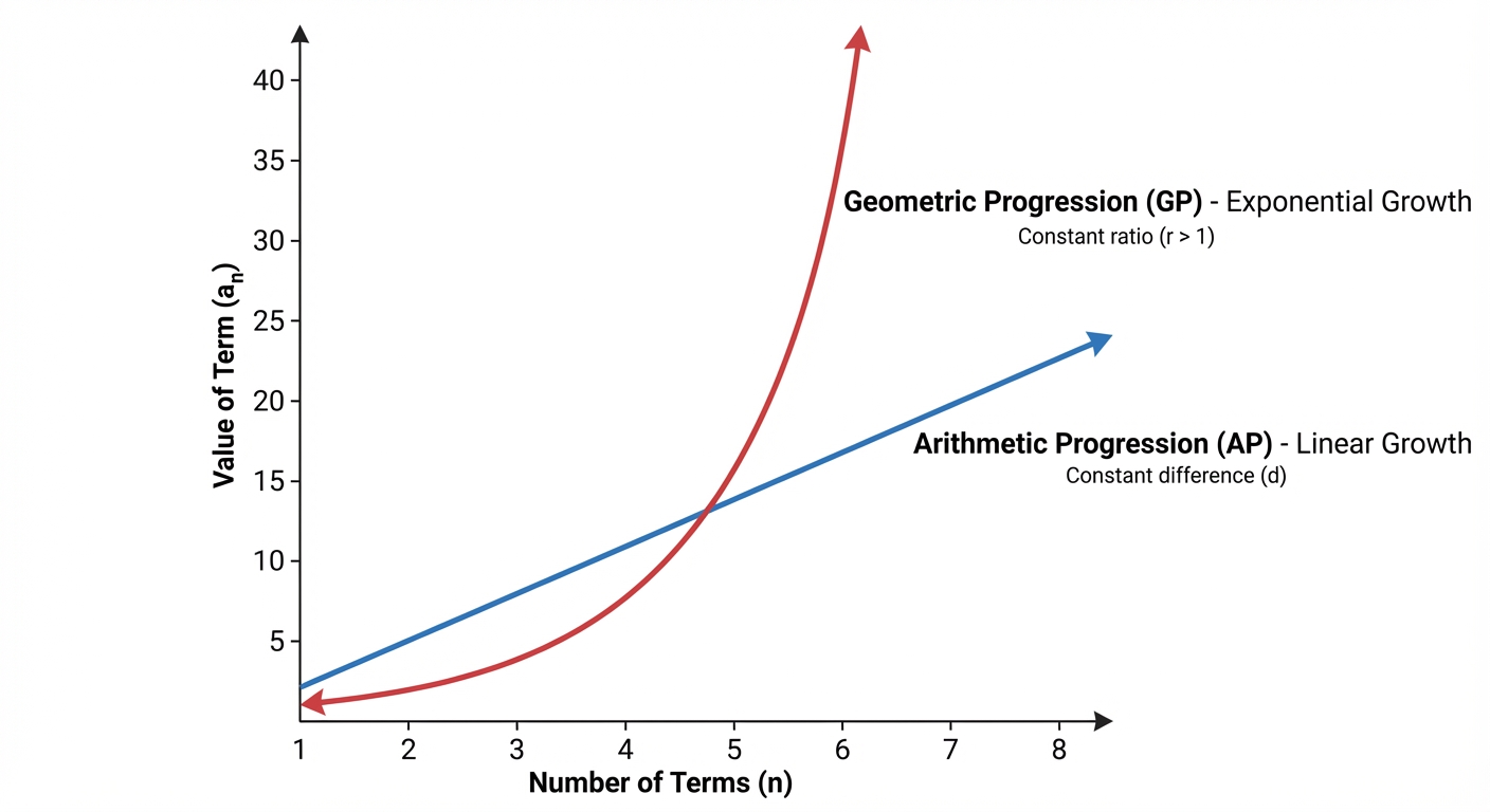 A graph comparing the straight line of linear growth (Arithmetic Progression) with the steepening curve of exponential growth (Geometric Progression). The GP curve should start slower but quickly overtake the AP line, illustrating its rapid escalation.